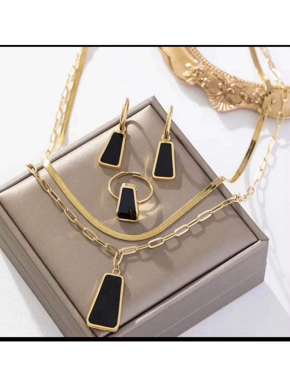 Gold-Plated Necklace and Earring Set with Black Inlay - Modern Trapezoid Design